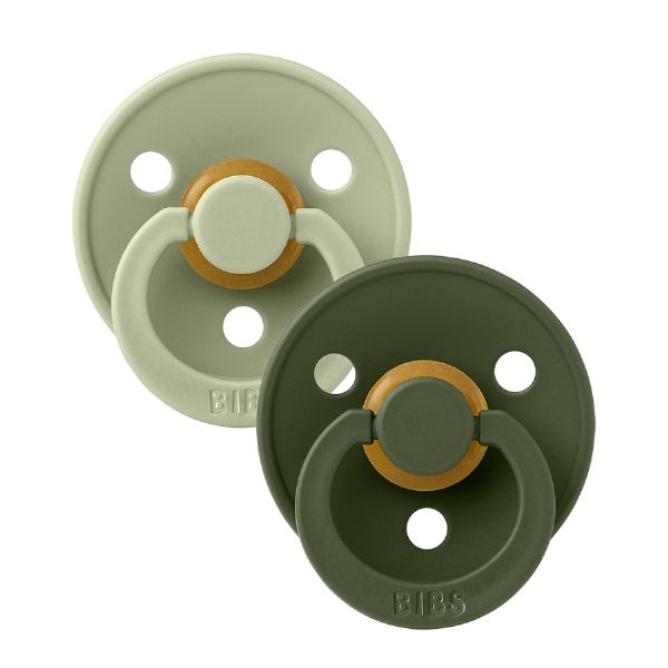 A pair of SAGE-HUNTER GREEN latex BIBS pacifiers